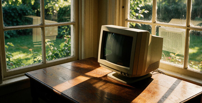 Old vintage computer monitor sits on wooden desk near bright window. Warm sunlight shines through glass onto retro beige device. Green garden view outside through window frame in cozy home office