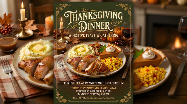 Traditional thanksgiving dinner menu poster with roasted turkey and festive holiday sides