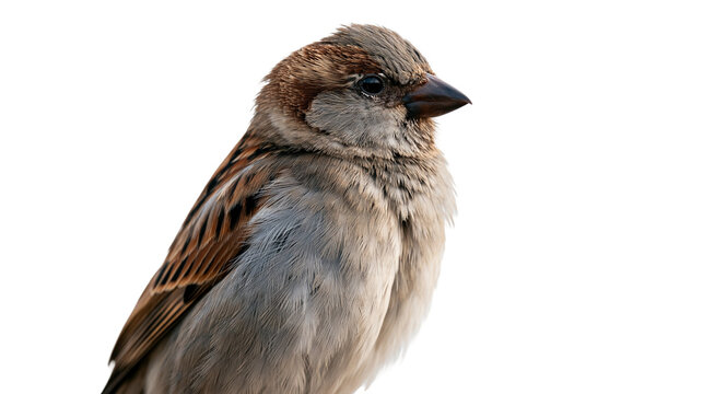 Small brown house sparrow bird with detailed feathers and black beak
