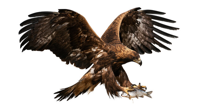 Golden eagle flying with a caught fish in its sharp talons