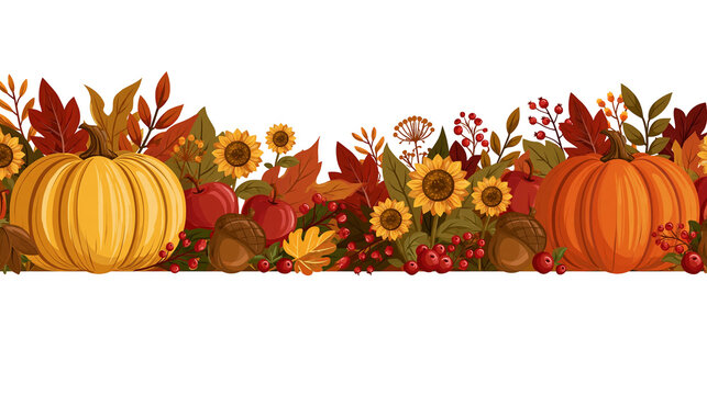 Autumn harvest border with pumpkins sunflowers red apples and fall foliage leaves