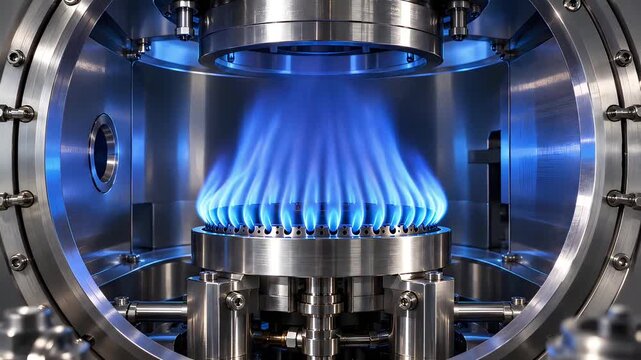 Circular industrial gas burner emitting bright blue flames for clean energy commercial ads
