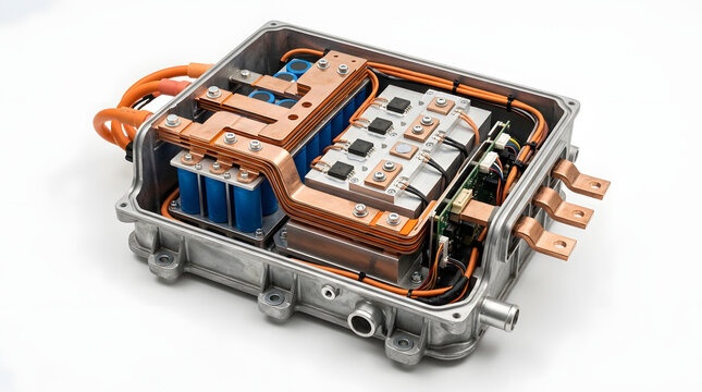 Electric Vehicle Battery Power Module with Blue Cells, Copper Busbars, Orange High Voltage Cables and Electronic Control Components