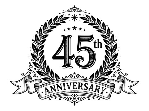 45th Anniversary Vector Emblem with Laurel Wreath and Ribbon Banner