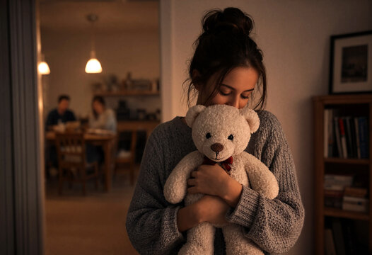 Woman Holding Stuffed Bear Looking Thoughtful Inside Warmly Lit Room