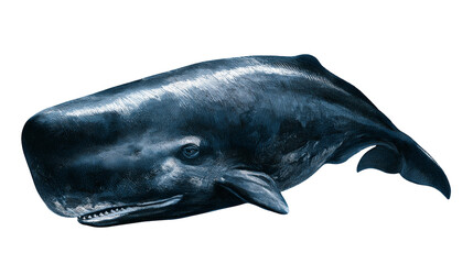 Large dark blue sperm whale swimming with visible eye and mouth details © Clementine