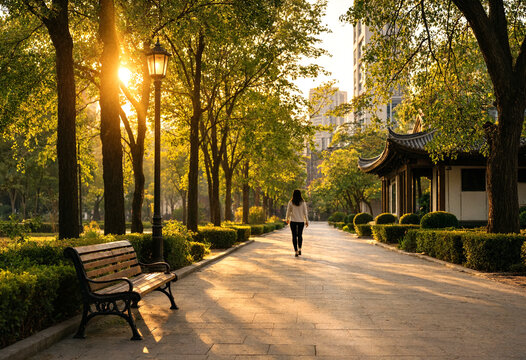 Woman walking along peaceful park pathway during golden hour sunlight