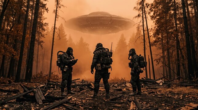 Soldiers investigating a UFO over a burnt forest sci-fi scene