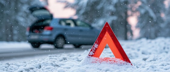 Fototapeta premium Red emergency warning triangle in snow near a car on a winter road