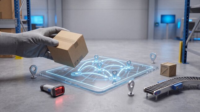 Warehouse worker scanning package with digital logistics map interface