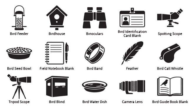 Ornithology and bird watching equipment icons in black silhouette style featuring binoculars birdhouses feeders and spotting scopes for outdoor nature activity.