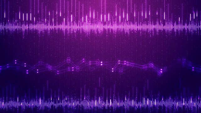 Rows violet signal bars frame a line of luminous points over minute specks. This stylized sound gives music radio segments and electronic media a vivid backdrop clear central area for text and logos.
