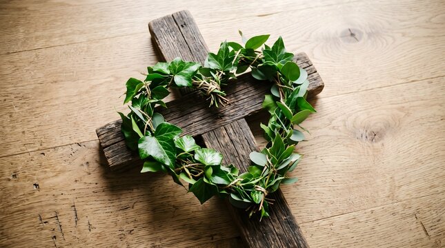 Rustic wooden cross with a heart shaped green ivy wreath on a light
