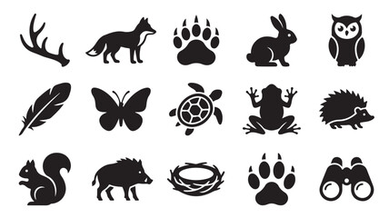 Obraz premium Wild animal silhouettes collection featuring forest fauna wildlife tracks and hiking equipment icons for nature education biology study and environment print.