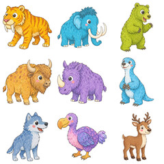 Naklejka premium Cute cartoon Ice Age animal collection, furry prehistoric wildlife, mammoth tusks, saber teeth, woolly coats, horns and antlers, rounded painted animal characters