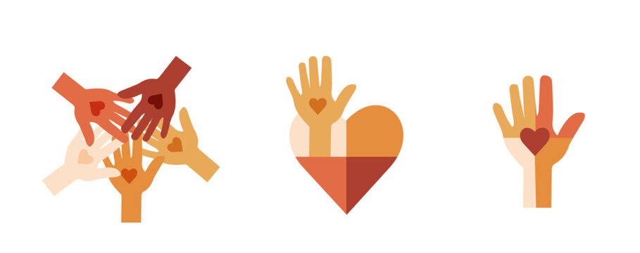 Hands with hearts logo set.