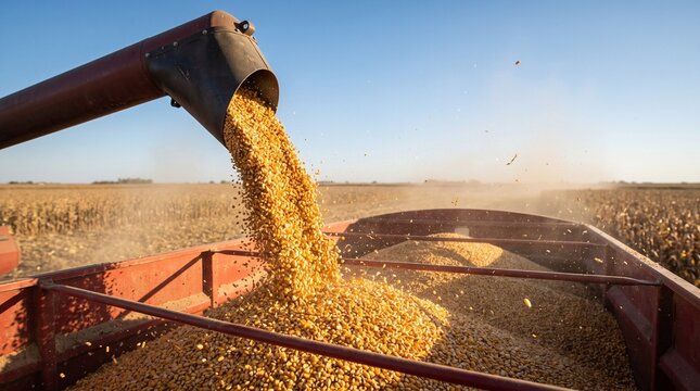 Grain Harvesting with Combine Auger Unloading Corn