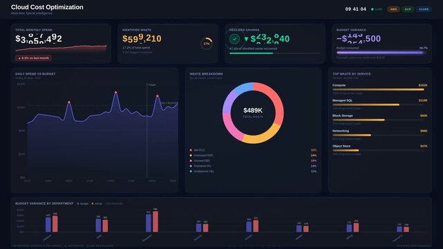Dark mode cloud cost optimization dashboard with animated spend charts, waste metrics, savings data, and budget variance visualizations in 4K for commercial creative technology and business use.