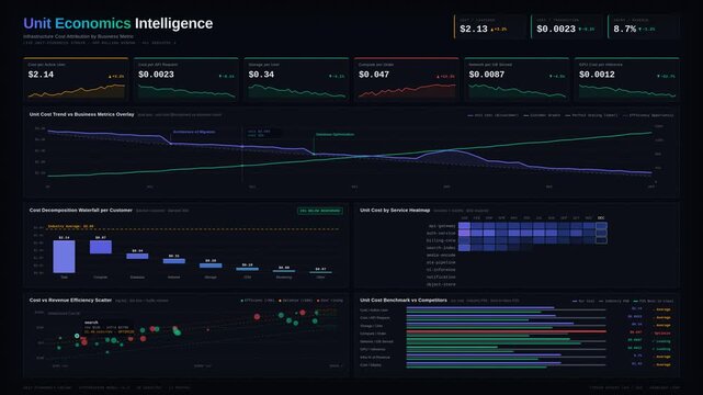 Premium dark mode unit cost analytics dashboard showing infrastructure expenses per customer and transaction with dynamic charts in 4K for commercial creative technology and business use.