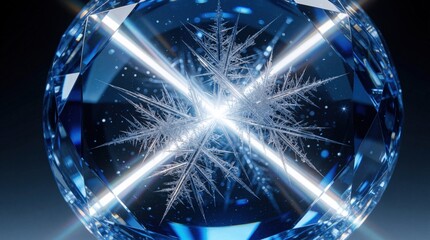Fototapeta premium Abstract blue crystal orb with sharp light rays. Glowing sphere contains intricate snowflake pattern inside. Bright geometric starburst shines through faceted glass surface. Mystical frozen crystal