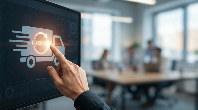 Businessman hand touching digital delivery truck icon on screen in modern office workspace with team in background