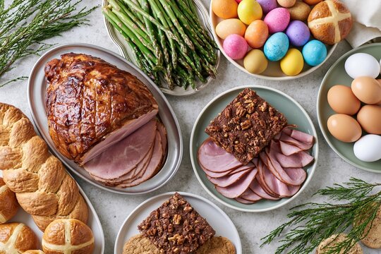 The Ham Platter Easter Feast Spread with Bread Eggs and Asparagus