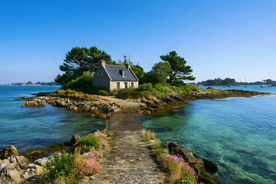 In typical French Brittany, Saint Cado Island in Bretagne, France, is often depicted.