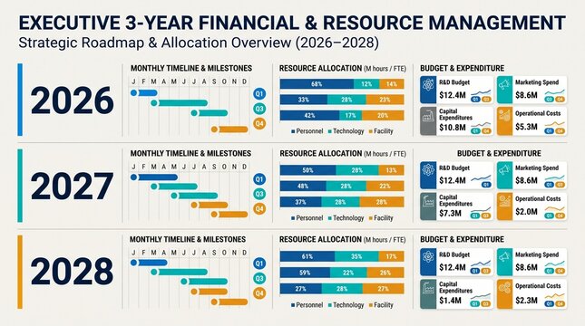 Executive Three Year Financial and Resource Management Dashboard with Strategic Roadmap, Allocation Charts, and Budget Overview
