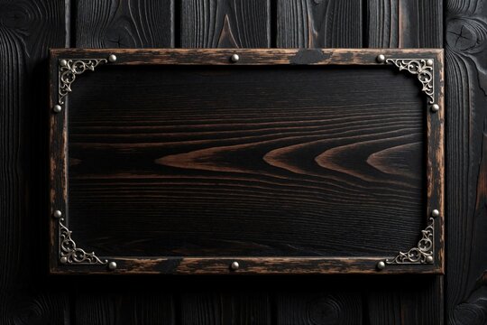 Blank dark ebony wood signboard with metal corners on black wooden wall. Empty rectangular frame mockup for text logo design. Rustic wooden plaque template with vintage silver ornaments for menu,