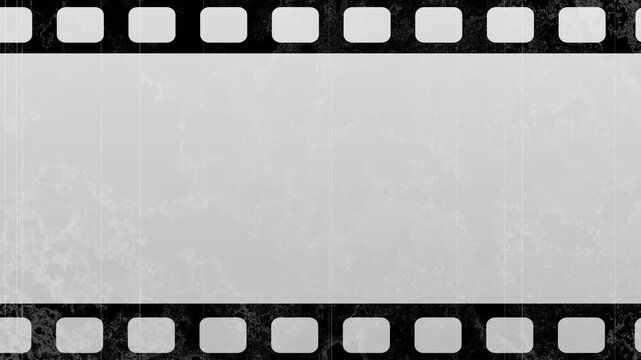 Rows film perforations frame panel, visible scratches uneven grain adding a vintage screen effect. monochrome documentary title card, memory montage, photo insert movie inspired intro