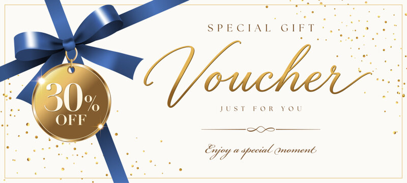 Elegant gift voucher template design with navy blue ribbon bow tag and 30 percent off discount coupon certificate