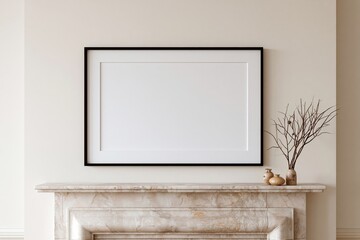 Fototapeta premium The Blank White Frame Above Marble Fireplace in Neutral Minimalist Living Room