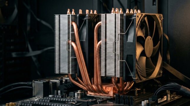 A close up view of a dual tower cpu server cooling fan with copper heat pipes installed on a motherboard inside a computer case, highlighting metallic textures and internal hardware