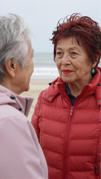 Two elderly women talking outdoors by the coast