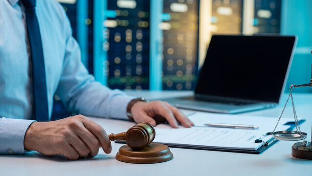 Legal contract and technology regulation concept, man holding wooden gavel beside document, pen and laptop in server room for data privacy legislation, legal compliance and judicial decision