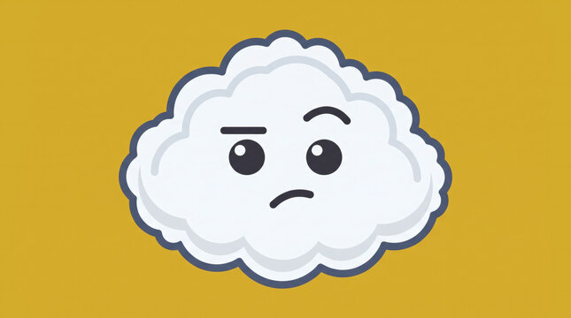 Skeptical cloud face with raised eyebrow on mustard yellow background