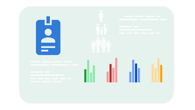 People Analytics Infographic with ID Card and Bar Charts, Flat infographic illustration with blue identification card, white people hierarchy icons, text lines, and colorful bar charts.