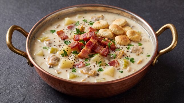 Creamy new england clam chowder with crispy bacon and oyster crackers