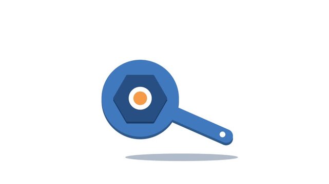 Stylized blue wrench tool icon with a hexagonal center and orange dot on a clean white background, representing settings, maintenance, repair, or technical support.