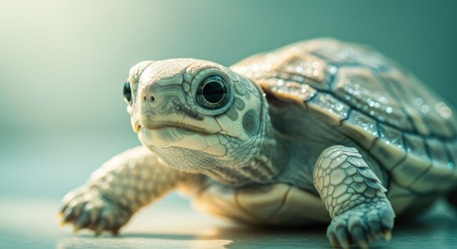 Detailed Close-Up of a Turtle's Face, Intricate Textures, Soft Lighting.