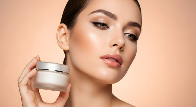 Woman holding skincare cream jar with glowing skin