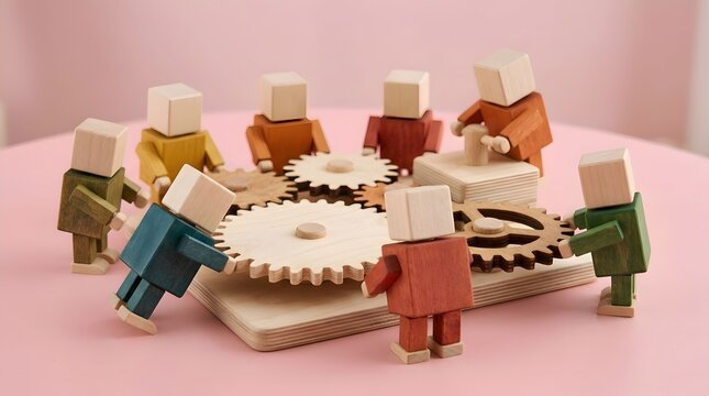 Minimalist wooden figures working together to turn interlocking wooden gear wheels on a pink surface, representing teamwork, business synergy, collaboration, and mechanical process concept