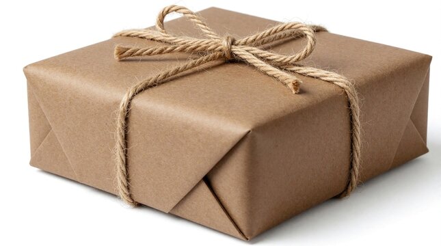 Brown paper gift box wrapped with jute twine. Simple eco friendly package tied with rustic string bow. Minimalist cardboard parcel for small business shipping surprise presents. Craft paper wrap