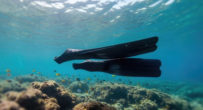 Underwater View of Scuba Diving Fins in a Tropical Ocean Environment.