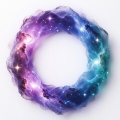 Fototapeta premium Colorful nebula ring with glowing stars on white background. Cosmic galaxy circle features bright blue pink, purple clouds. Abstract space element with sparkling light, magic celestial textures for