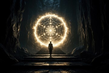 Fototapeta premium Lone man walks toward glowing golden portal in dark stone cavern. Silhouette figure approaches mystical magic circle with sacred geometry pattern. Traveler finds light entrance through rocky tunnel