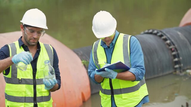 Environmental engineer records water sampling information on clipboard beside large drainage pipe, documenting discharge conditions and contamination observations. Wastewater quality research.