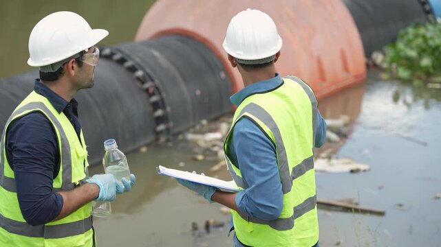 Two environmental engineers inspect water samples beside large drainage pipeline, checking liquid condition and recording field observations for contamination research. Wastewater quality assessment.