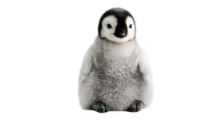 Fluffy emperor penguin chick with soft grey down feathers and black face markings © Lysander