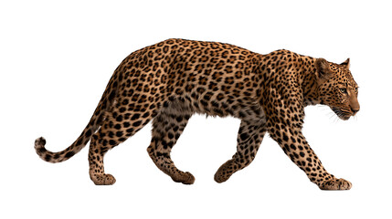 Walking leopard with spotted fur coat and powerful muscular body profile view © Lysander